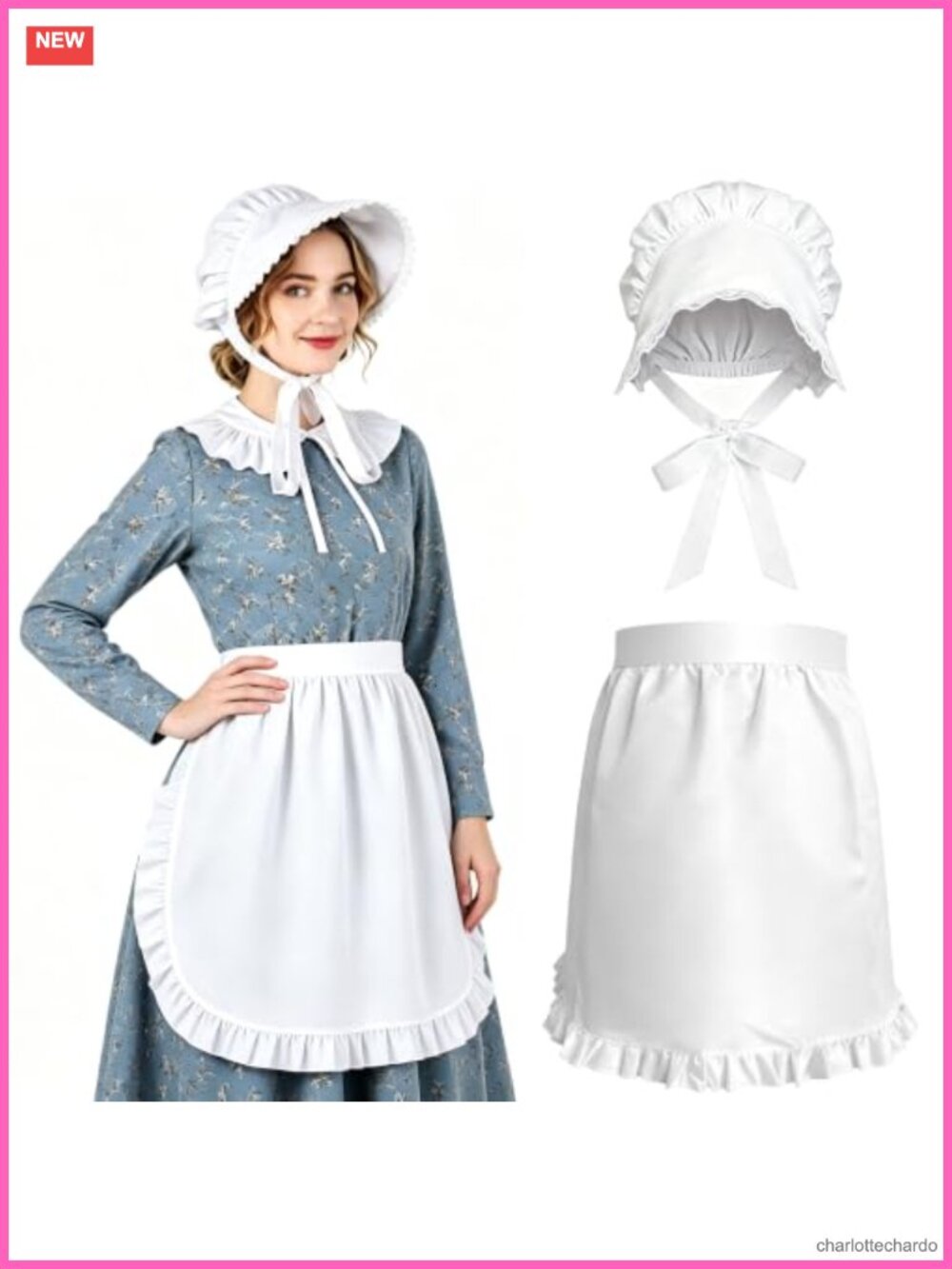 Vintage Colonial Costume Set 2Pc Bonnet Waist Apron Cosplay Pioneer